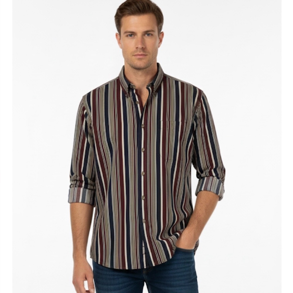 LOAFERS Reed St. James Striped Casual Button Down Shirt, Men’s L, Burgundy Navy